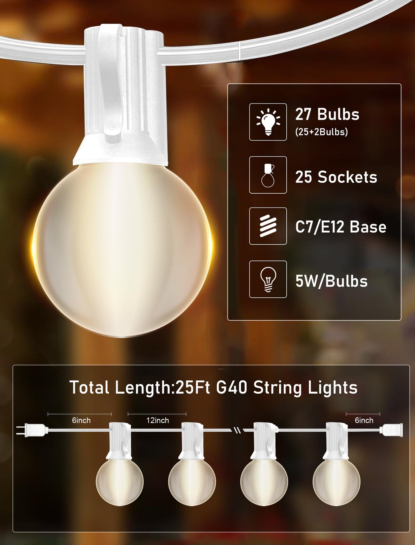 Romasaty 25FT Frosted White Lights G40 Globe Outdoor String Lights Patio Lights with 25 Frosted White Globe Bulbs - White Wire
