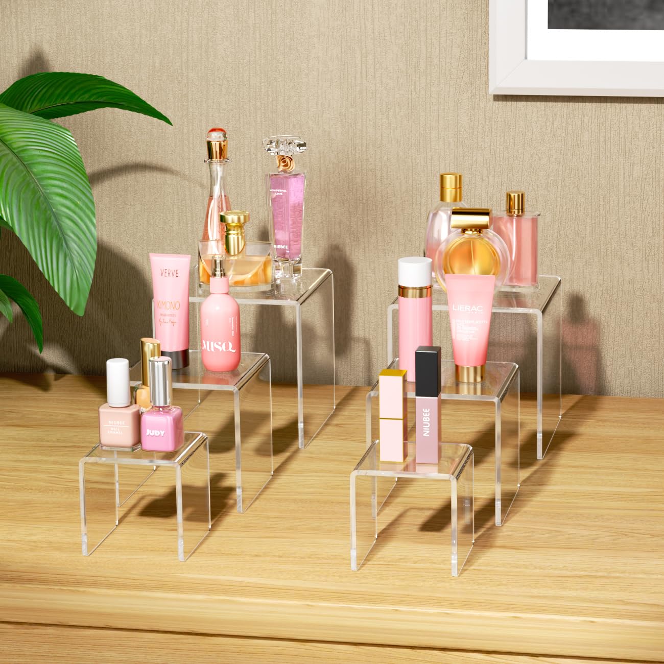 NIUBEE Acrylic Display Risers Stand 2 Sets,3 Steps Clear Riser Shelf Showcase for Amiibo Funko POP Figures -3"x3"x5"