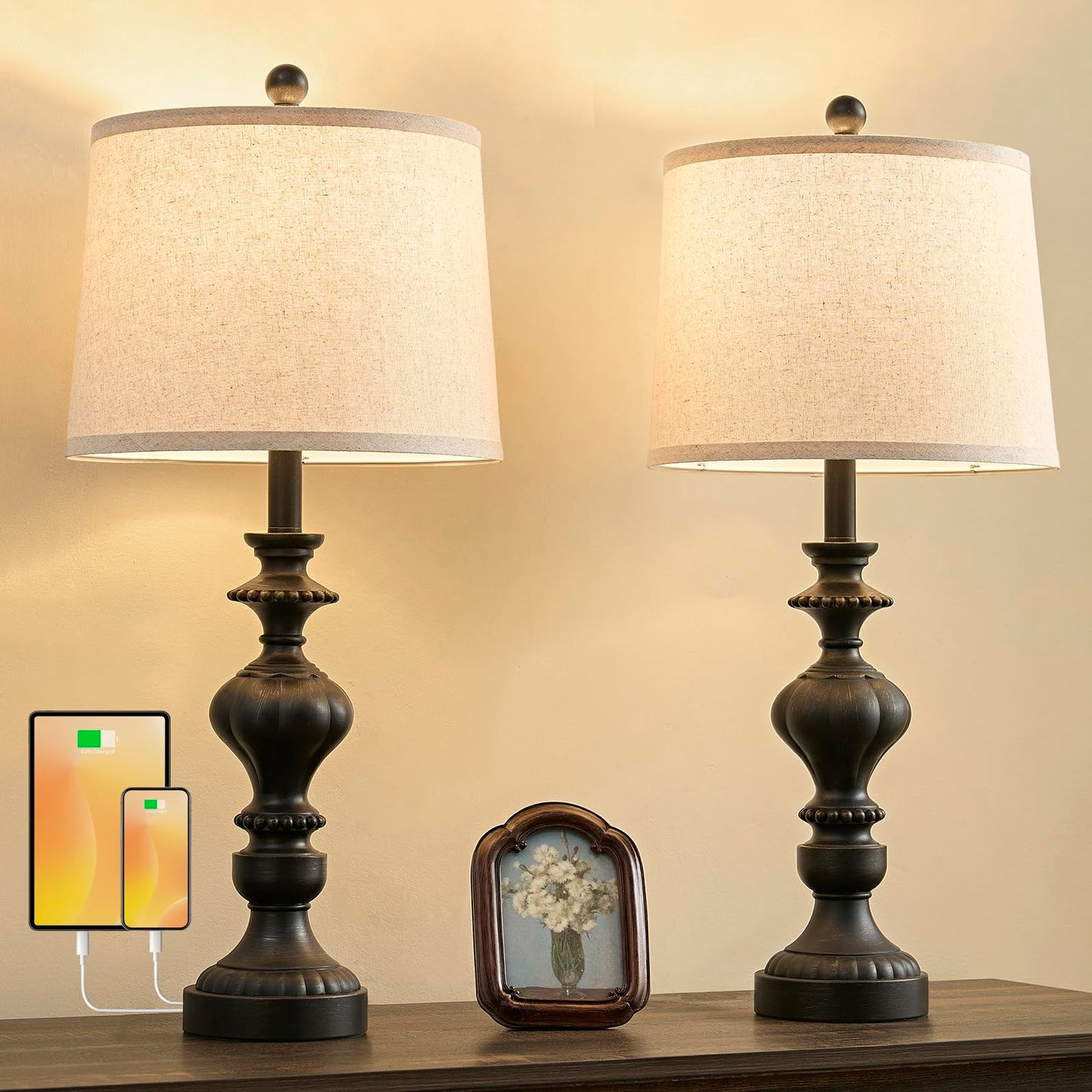 SAIWEYA 27.5" Farmhouse Table Lamps Set of 2 Bedside Nightstand Lamp with USB C+A Ports & AC Outlet, 3 Way Dimmable Touch Lamps for Bedroom Living Room Office Rustic Lamp