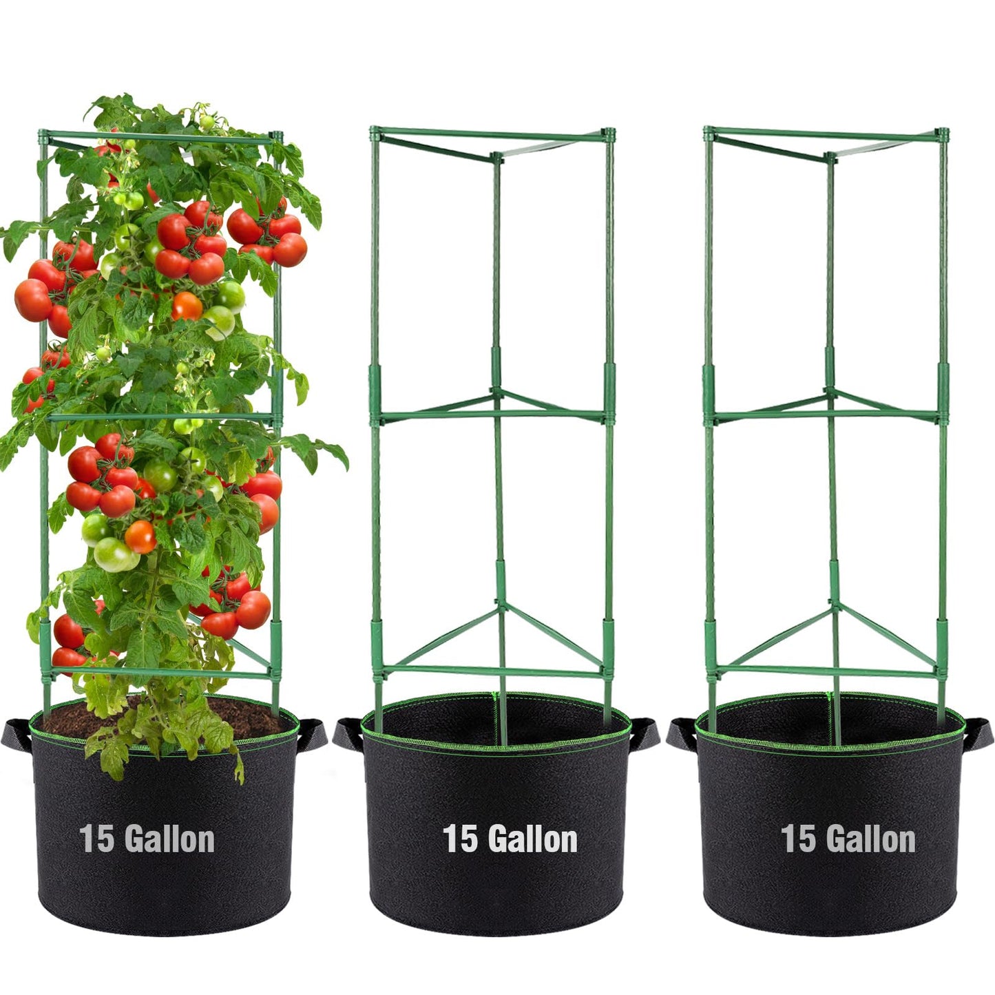 ANPHSIN Sturdy Triangle Tomato Cage with Movable 15 Gal Grow Bags - 3 Sets 47'' Plants Garden Trellis Planters, Support for Indoor Outdoor Beans, Peppers, Eggplants, Climbing Vegetables