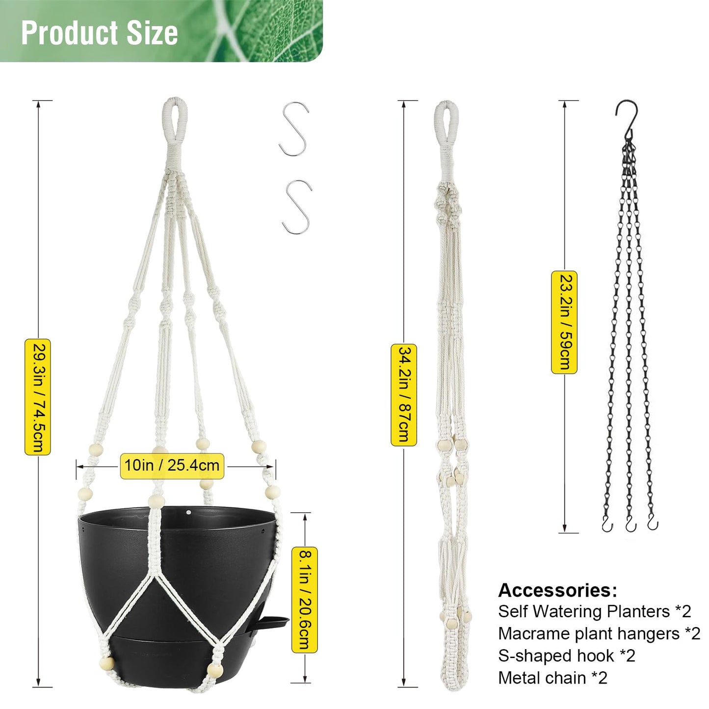 Meowell 10 inch Self Watering Hanging Planters, 2 Pack Hanging Baskets for Indoor Outdoor Plants, Hanging Flower Pots with Drainage Holes & 2 Kinds of Plant Hangers for Garden Home Decor, Black