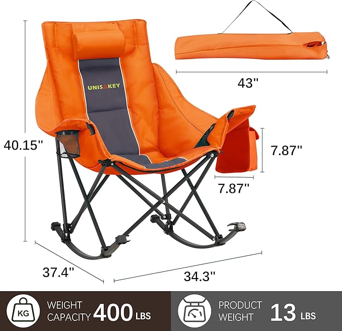 Oversized Rocking Camping Chair with Headrest & Cup Holder - 400lbs Capacity, 600D Oxford Fabric, Easy Fold Portable Outdoor Rocker Chair for Camping, Backyard, Beach, Orange
