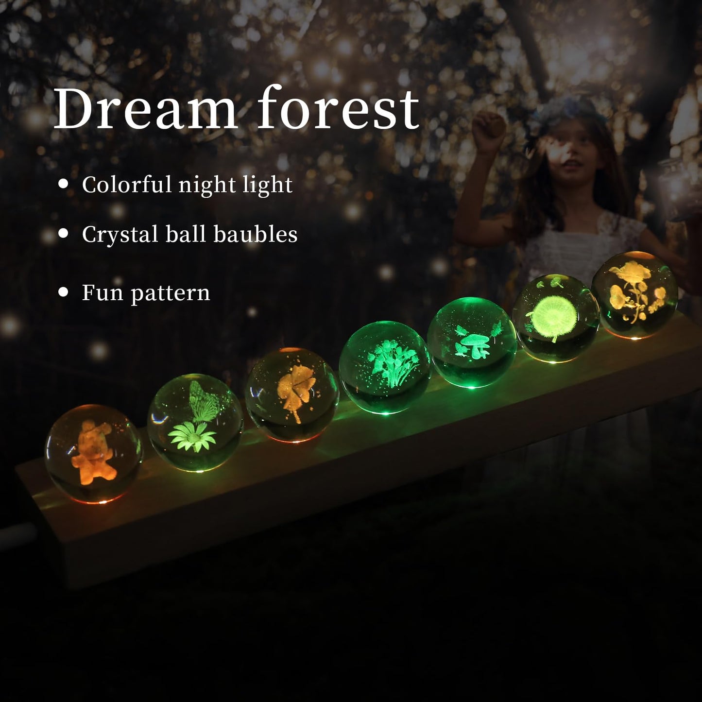 Dokscdlo 7 Pcs Flower Crystal Ball Night Light with LED Wooden Base, 3D Dandelion, Four-Leaf Clover, Mushroom, Rose, Tulip Plant Lamp for Home Office Gifts for Christmas Decor