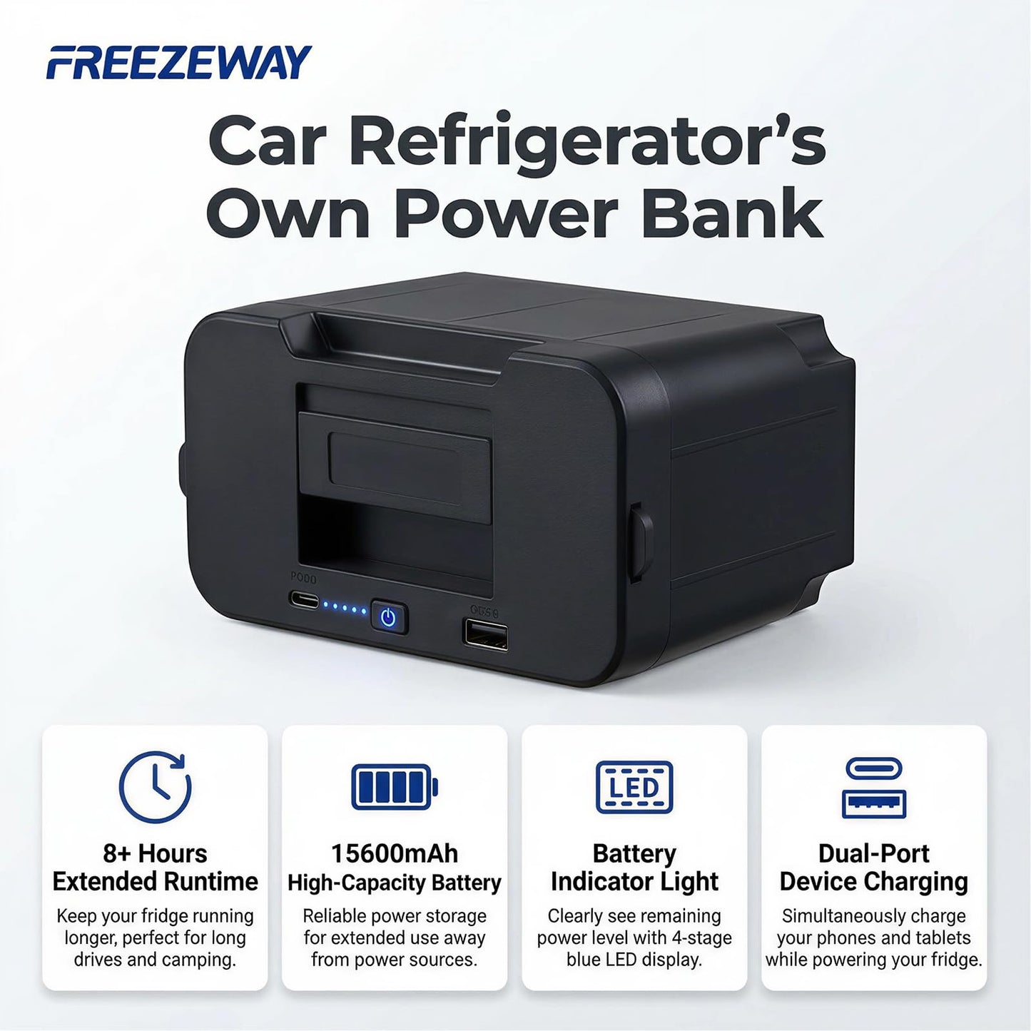 FreezeWay 171Wh Detachable Battery For Portable Car Refrigerator, Rechargeable Electric Cooler Battery for 12/24V DC and 120-240V AC Freezer Fridge, 15600mAh Lithium Car Refrigerator Plug-in Battery