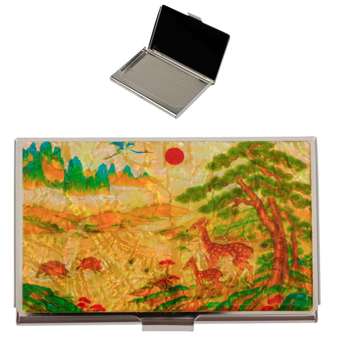 February Mountain Mother-of-Pearl Business Card Holder – Korean Deer and Mountain Landscape | Unique Asian Art Office Gift for Men & Women | Elegant Card Case for Professionals