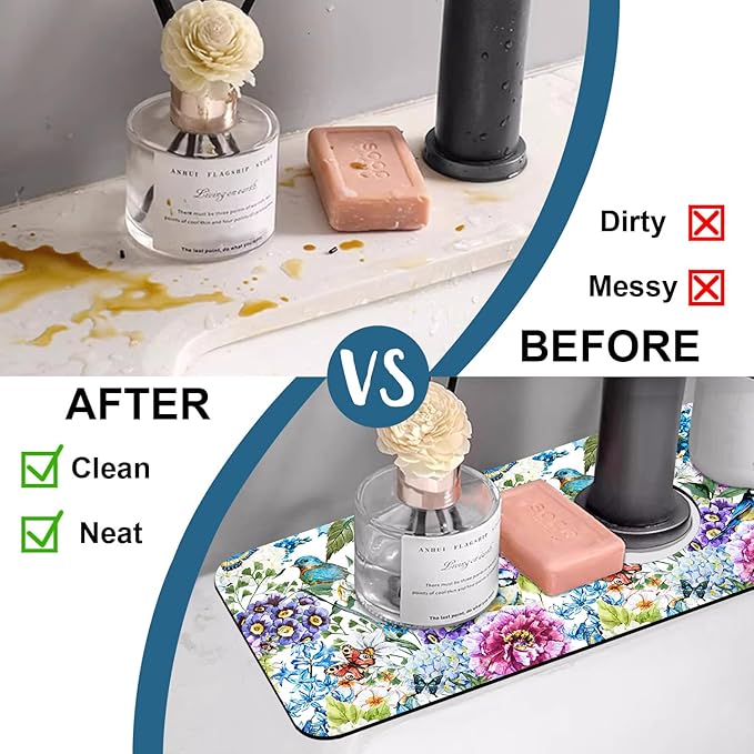 Beautiful Floral Kitchen Sink Splash Guard Faucet Mat Flower Bird Butterfly