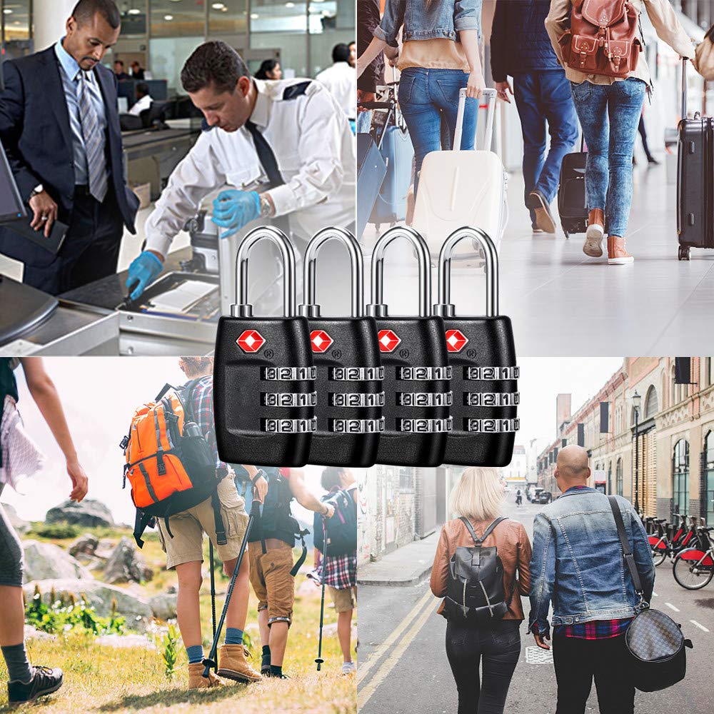 TSA Luggage Locks (4Pack) - 3 Digit Combination Padlocks - Approved Travel Lock for Suitcases & Baggage (Black)
