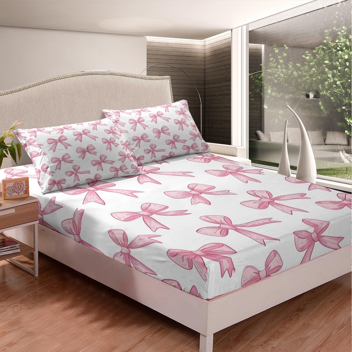 Feelyou Bowknot Fitted Sheet Full Size, Kids Pink Bowknot Bed Sheet Set Girls Decor Bedding Set Kawaii Bed Cover with 2 Pillow Case (No Flat Sheet)