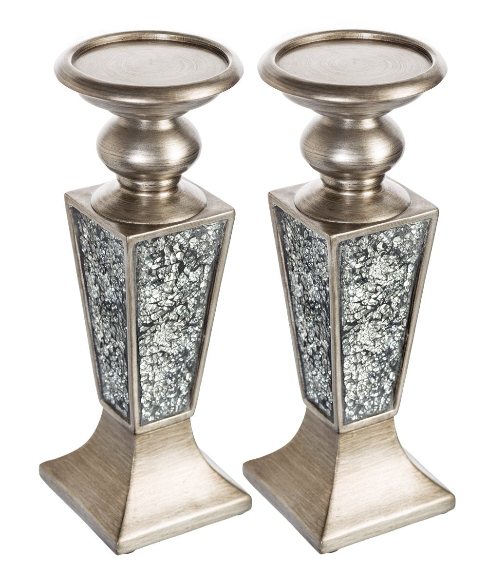 Creative Scents Schonwerk Silver Pillar Candle Holder Set of 2 - Crackled Mosaic Design - Centerpiece Table Decoration - Coffee Table Decor - Decoration Centerpiece for Living/Dining Room - Best Gift