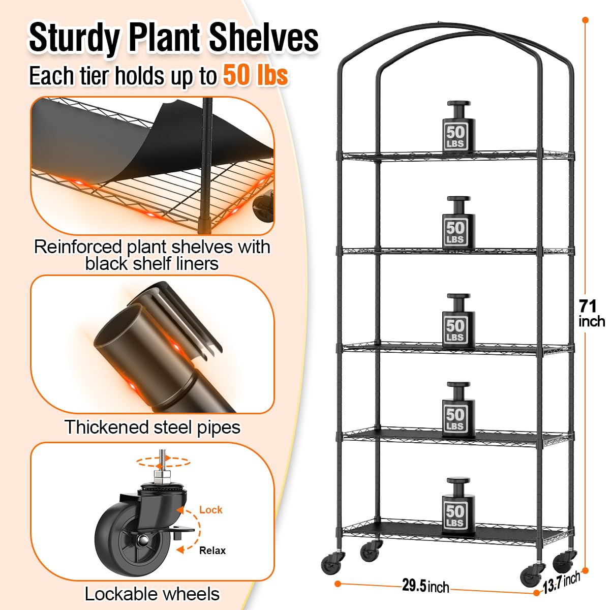 CUVERC Small Indoor Greenhouse with Grow Light & PVC Cover Portable Mini Greenhouse Tent Shelves Adjustable 5 Tier Metal Plant Stand with Grow Light for Indoor Plants, Seed Starting, 29.5"x13.7"x71"