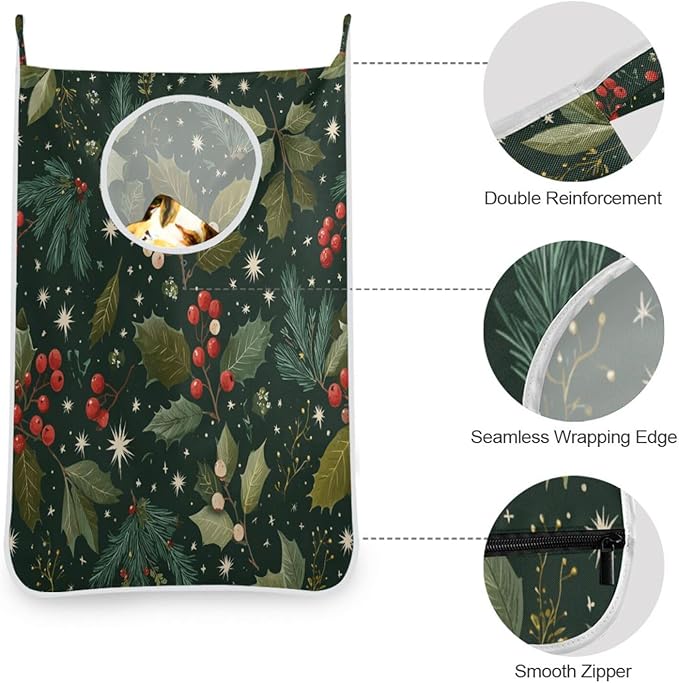 Green Christmas Holly Berries Pine Needles Leaves Hanging Laundry Hamper Door