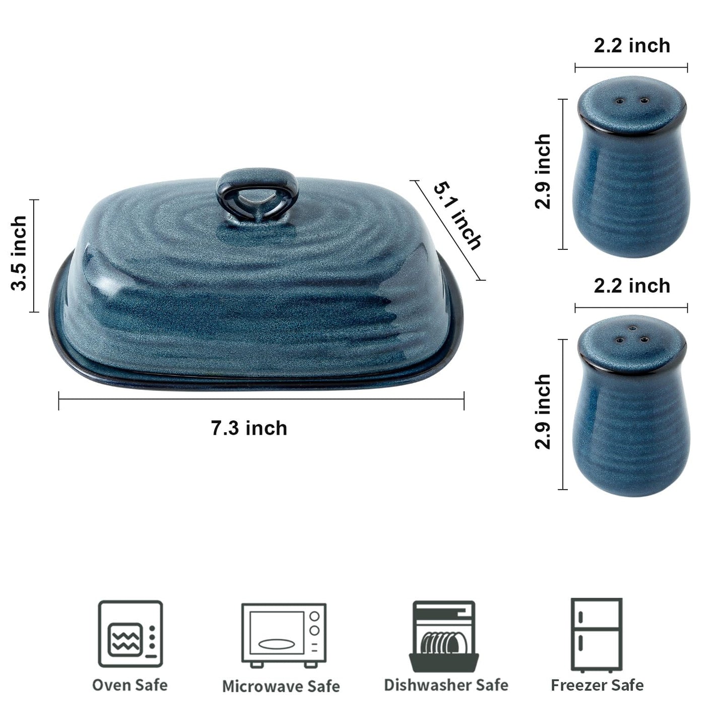 Hasense Ceramic Salt Pepper Shakers and Butter Dish Set, 2 Pieces Navy Reactive Glaze Dinnerware Accessories Set Perfect for Home Decor, Kitchen Housewarming Gift