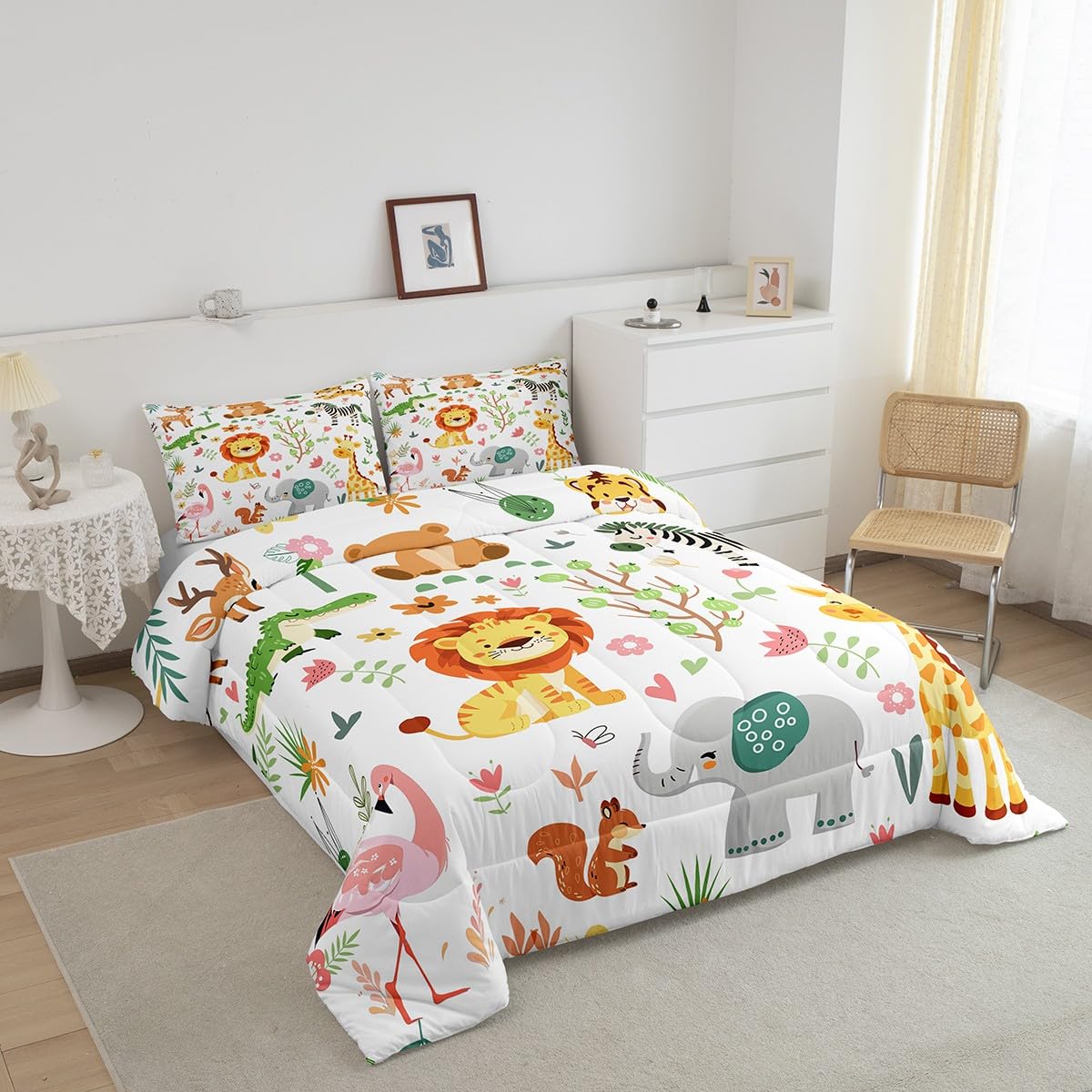 Feelyou Twin Size Cartoon Lions Giraffe Comforter Set Zoo Animals Bedding Set Flamingo Zebra Comforter for Kids Boys Girls Kawaii Animals Duvet Insert 2Pcs