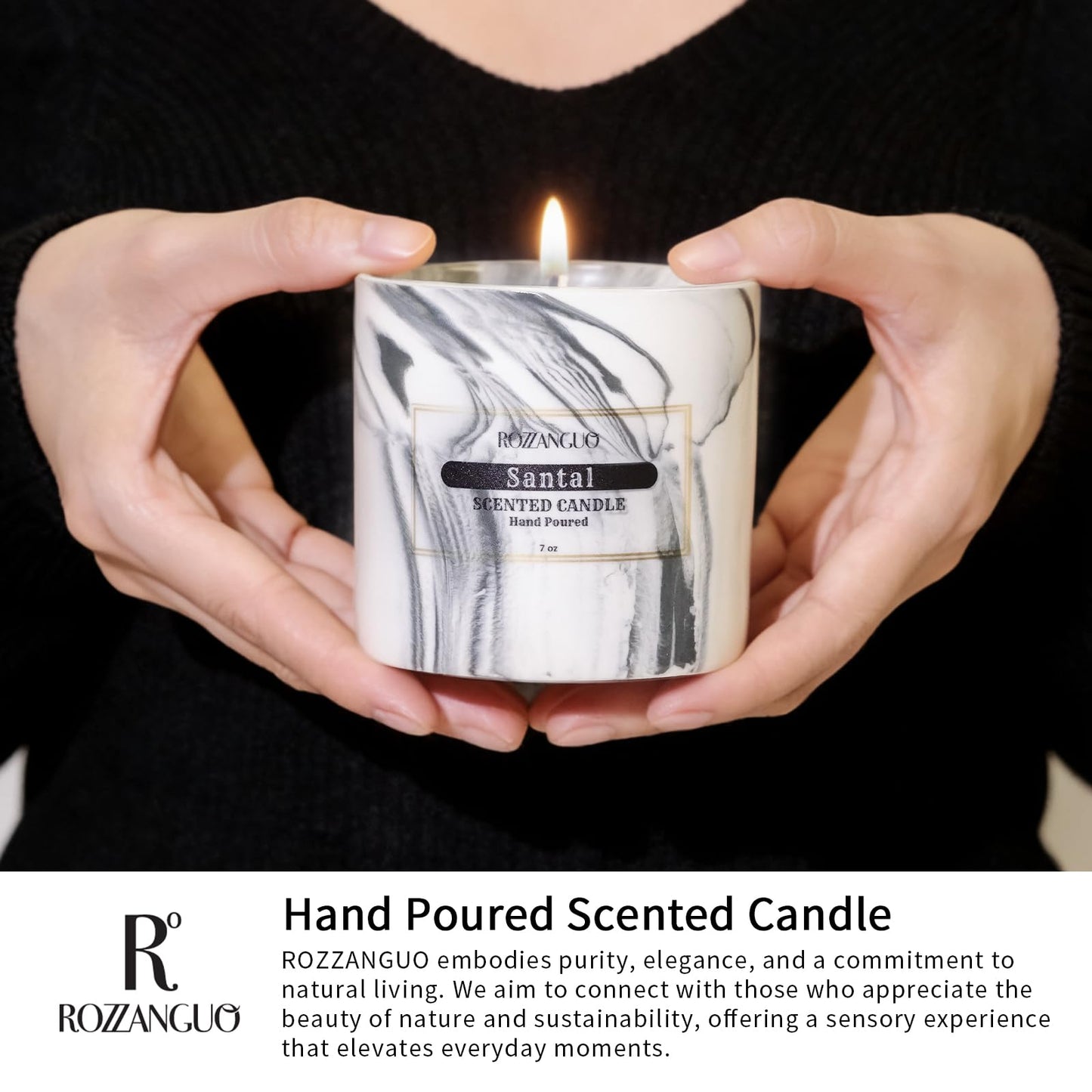 Luxury Marble Jar Scented Candle | Women Men | Non Toxic 100% Natural Coconut & Soy Wax Blend Cotton Wick | Hand Poured Highly Scented Long Lasting (Santal, 7 Ounces)