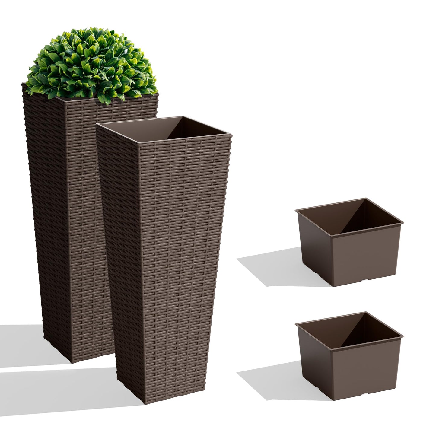 JUMMICO Set of 2 Resin Rattan Tall Planters for Outdoor Plants, Large Tapered Planters with Drainage Holes&Inner Trays, Flower Pots for Garden, Patio, Porch, Backyard (Brown, 24'')