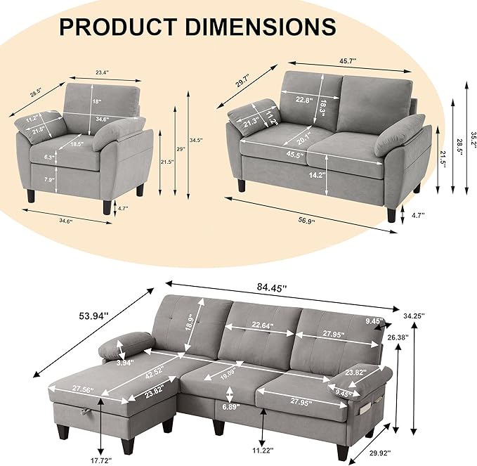 84" Convertible Sectional Sofa Set, 3 Seat L Shaped Couch