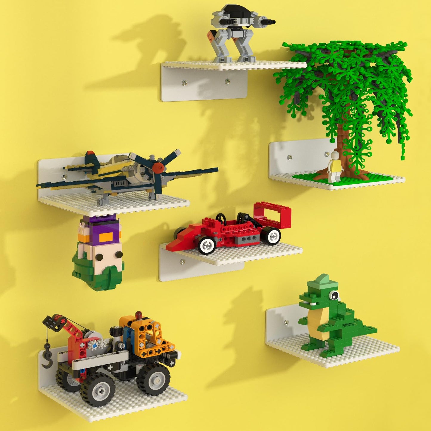 BlissBox 6-Pack Floating Shelves for Wall Compatible with Lego Building Bricks, 5x5.5inch Dual‑Sided 16x17 Studs for Toy Brick Storage and Display, ABS Display Shelves for Room Decor, White