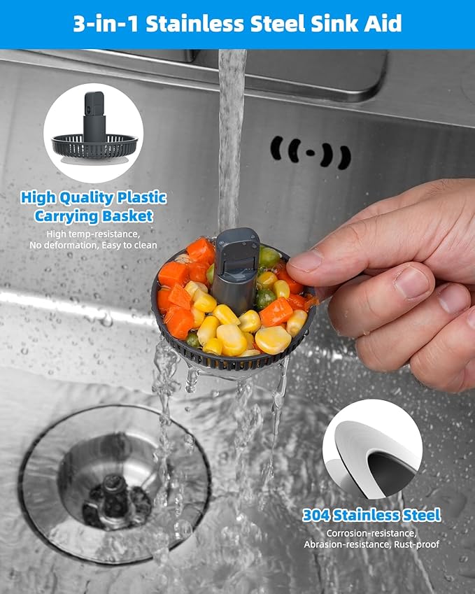 Hibbent Upgraded 3 in 1 Kitchen Sink Drain Strainer and Stopper Combo,