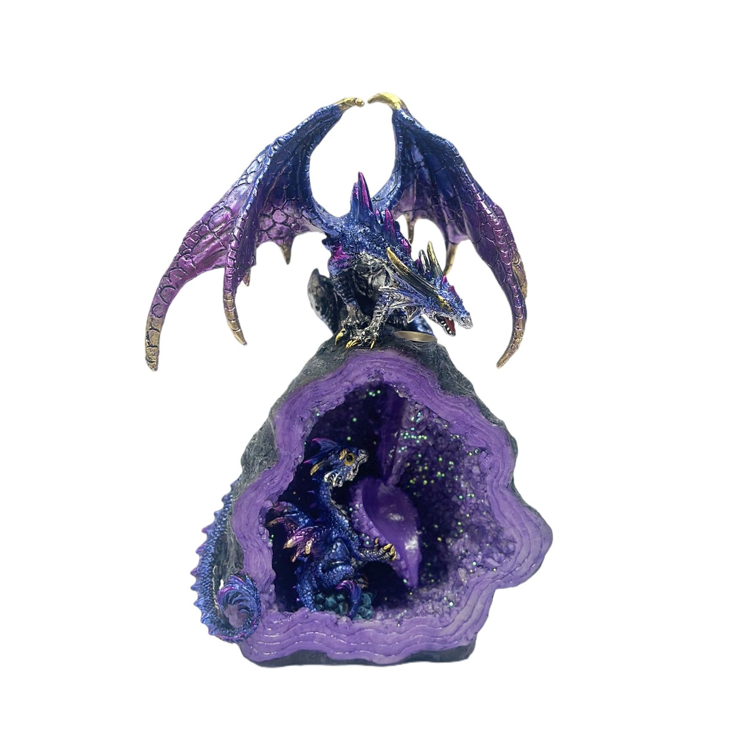 Nature's Mark 9.84-Inch Purple Dragon on Geode Figurine - Metallic Iridescent Guardian Dragon with Baby Hatchling in Crystal Cave - Fantasy Mythical Decor Statue for Home or Office
