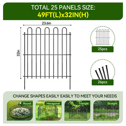 25 Panels Decorative Garden Fence, 50ft X 32in Rustproof Metal Animal Barrier Fence, No Dig Fence Garden Fence, Arched Flower Bed Edging Ornamental Wire Border Fencing for Outdoor Yard, Patio Decor