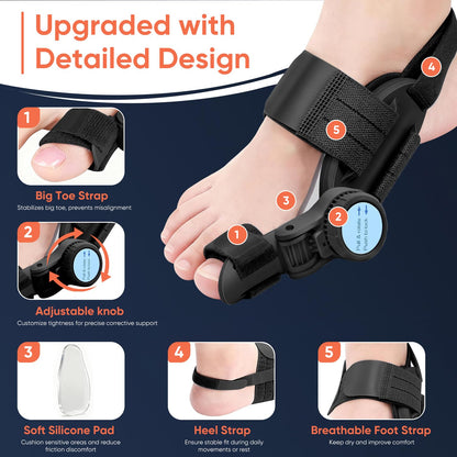 AKFDD Bunion Corrector for Women & Men, Adjustable Knob Dual-Action Bunion Splint with Silicone Pad - Orthopedic Toe Straightener & Separator for Hallux Valgus Relief, Fits Left/Right Feet (Black)