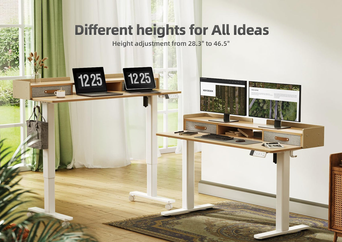 YDN Standing Desk with Drawers, 48 Inch Standing Desk Adjustable Height, Adjustable Electric Stand Up with Storage and Shelf, Natural