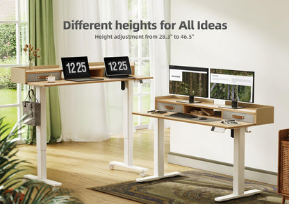 YDN Standing Desk with Drawers, 48 Inch Standing Desk Adjustable Height, Adjustable Electric Stand Up with Storage and Shelf, Natural