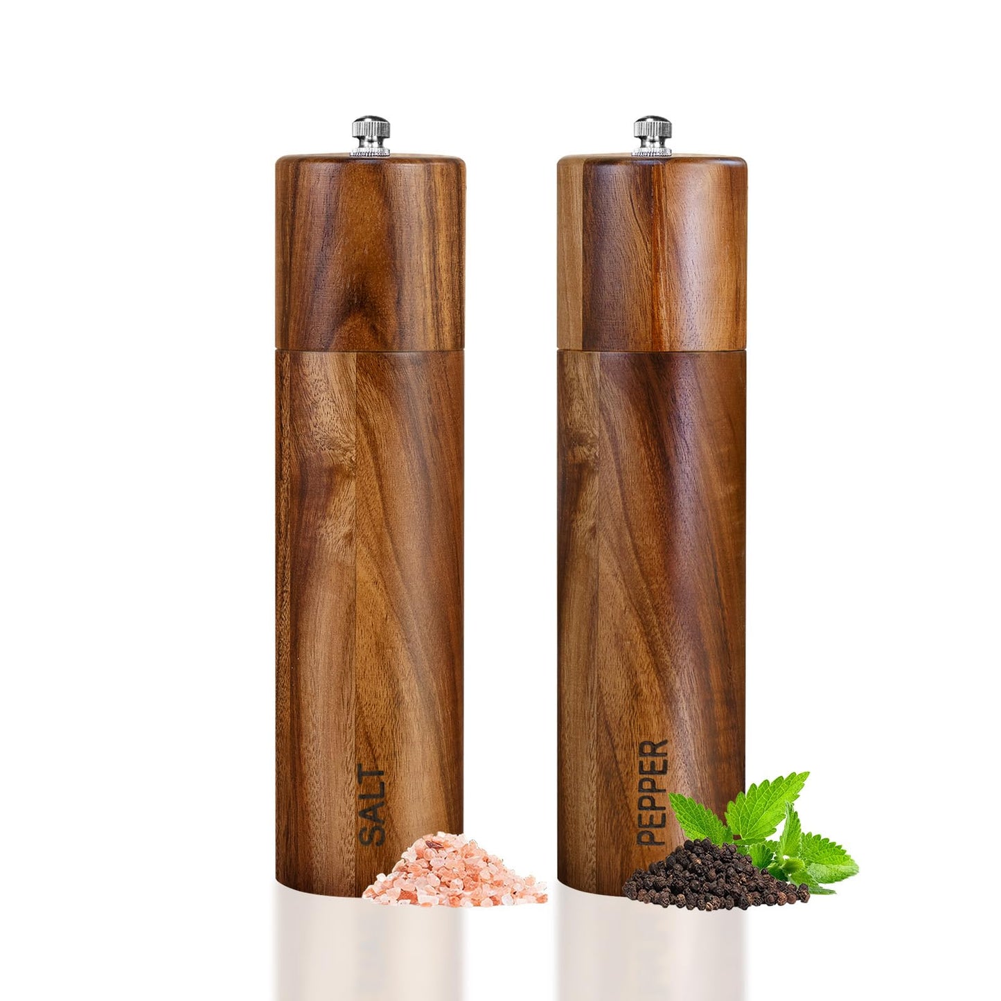 XWXO 2 Pack Acacia Wooden Salt and Pepper Grinder Set 8 Inches Refillable Salt and Pepper Mills Adjustable Coarseness, Acacia Wood with Ceramic Core Peppercorn Shaker Tableware Birthday Gifts