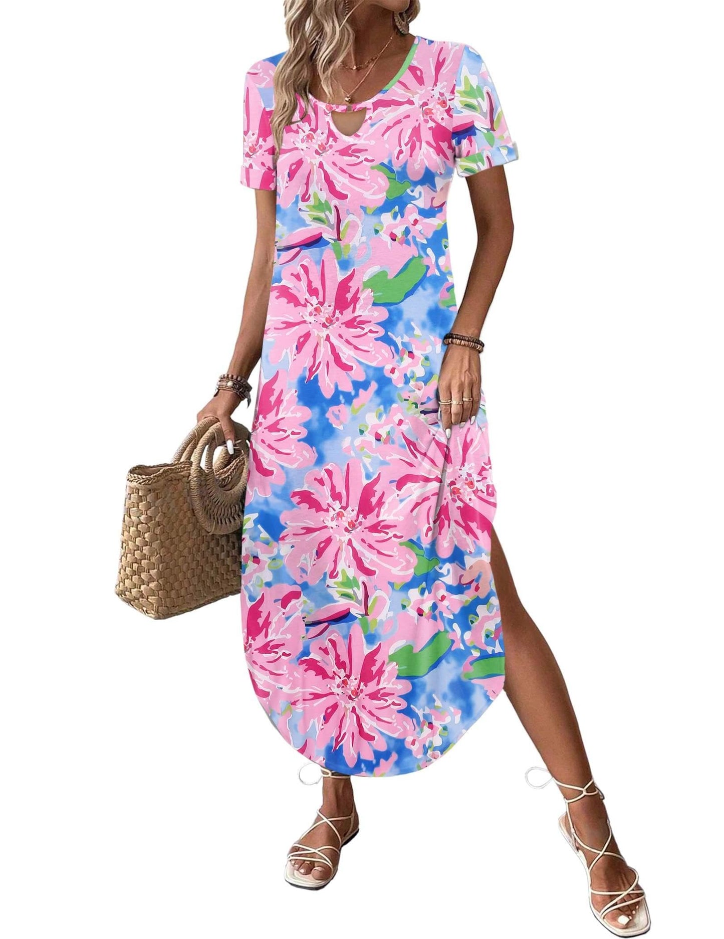 Zeagoo Womens Maxi Summer Dress with Pockets Casual Short Sleeve Sundress Trendy 2025 Curve Hem Long Dresss