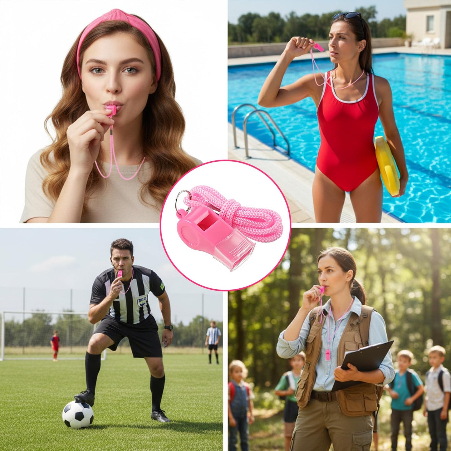 Aiyorse 4 Packs Pink Whistle with Lanyard, Loud Clear Crisp Plastic Coach Whistles for Sports Training Referee Lifeguard Emergency Outdoor Safety Soccer Football
