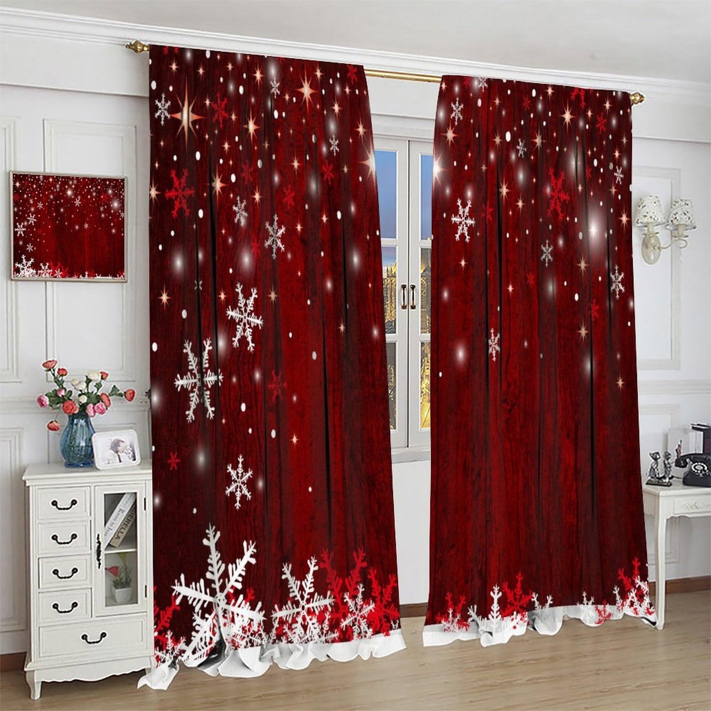 ICMOLYYENLO Christmas Curtains Red Background Snowflakes Merry Christmas and Happy New Year Art Print Curtains Suitable for Bedroom Living Room Insulation Decoration 42x45 Inches
