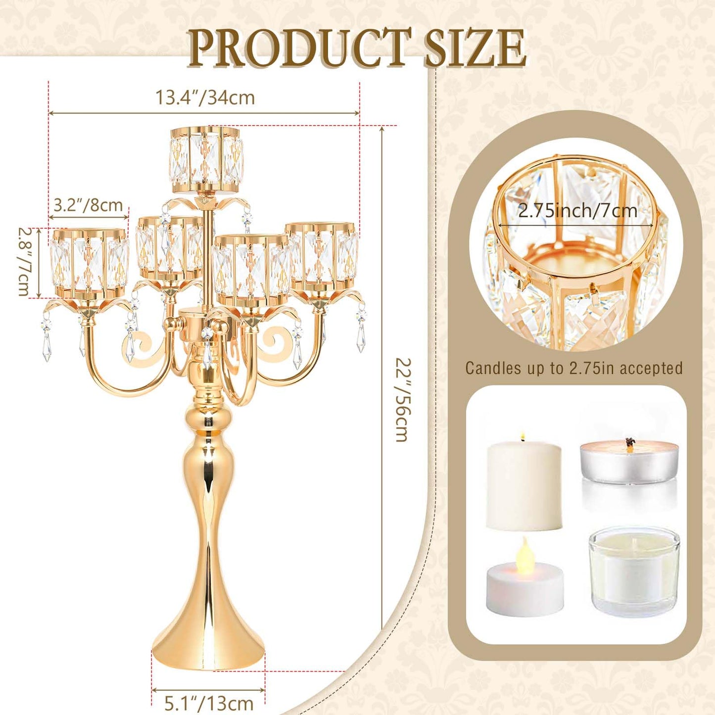 kolnlala 1PC Gold 5-Arm Crystal Pendant Metal Candle Holder with Square Crystal Bowl, 22-Inch Tall Wedding Table Centerpiece for Holiday Party Events, Christmas, Birthday Decorations