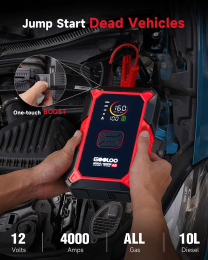 GOOLOO A5 Jump Starter with Air Compressor, 4000A Car Battery Jump Starter (All Gas/10.0L Diesel) with 160PSI Tire Inflator Auto-Off, 45W PD Fast Charging, 12V Jump Box Car Jumper Starter Portable