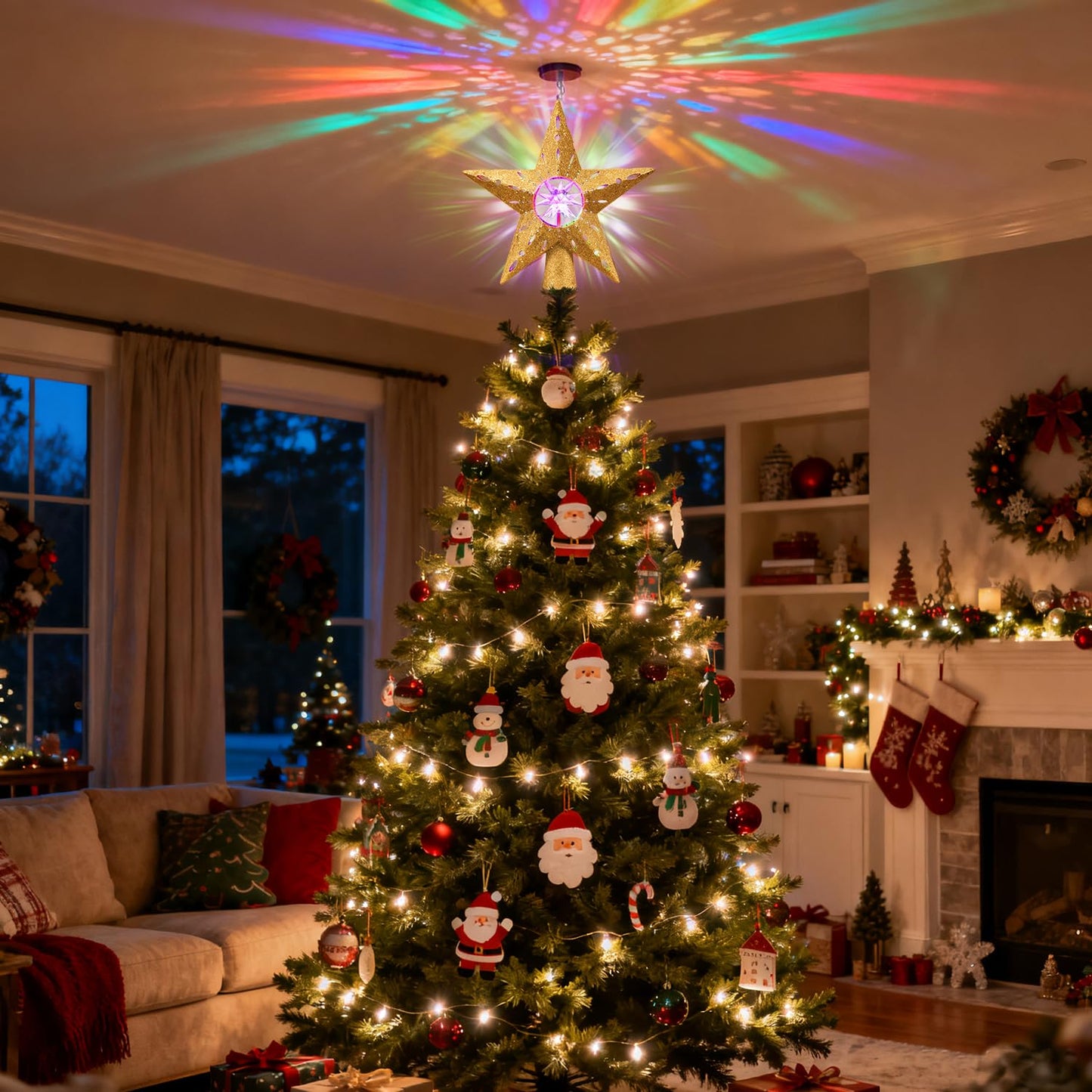 Gold Rotating Christmas Tree Topper Star with RGB LED Lights, 3D Crystal Diamond Center, Spinning Projection, Glitter Design Tree Decor with Power Cord for Holiday, Party, Christmas Celebration