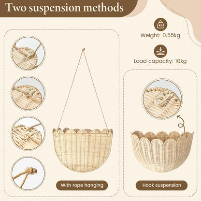 Natural Handwoven Scalloped Wall Basket Set of 2, Premium Rattan Wicker Wall Hanging Organizer for Boho Home Decor, Decorative Wall Storage for Bathroom, Entryway, Living Room & Craft Room