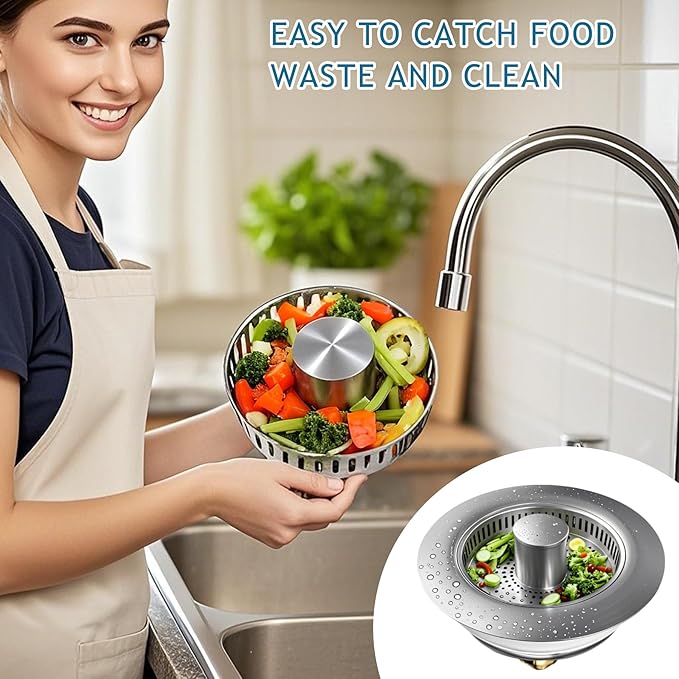 3-in-1 Kitchen Sink Drain Strainer & Stopper, Stainless Steel Food Catcher Plug
