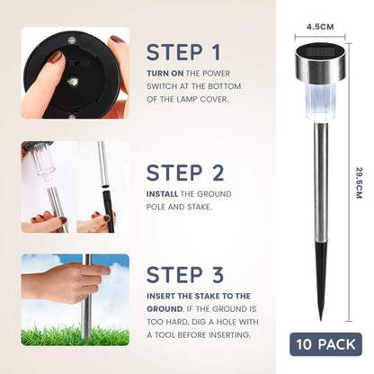CUQOO Solar Garden Stake Lights – 10 Pack Colour-Changing LED, Weatherproof Stainless Steel Solar Lights for Outdoor Pathway Lighting – Rechargeable with Automatic Night Activation [Energy Class A+]