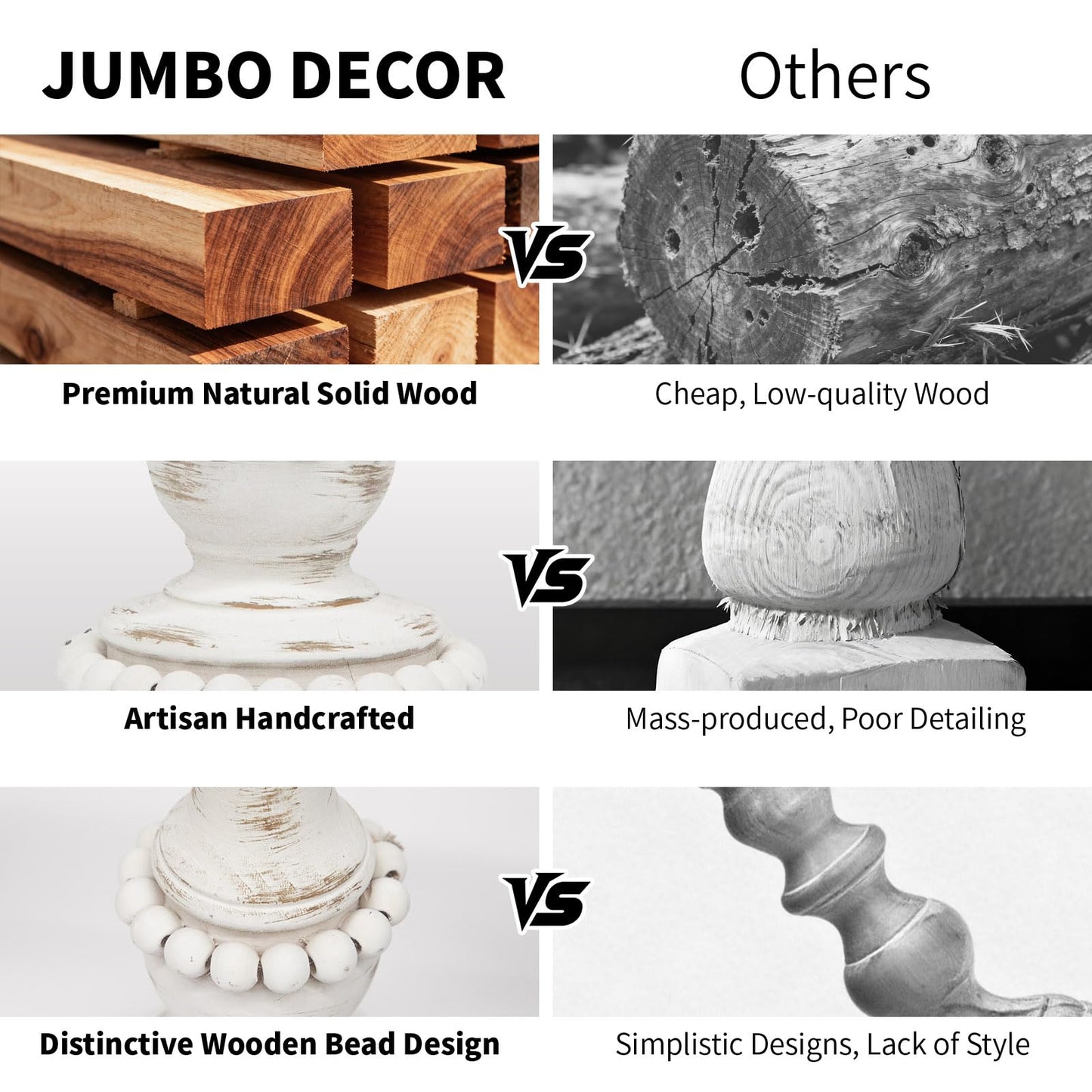 JUMBO DECOR Farmhouse Large Candle Holders for Pillar Candles, Rustic Wooden Beaded Candle Holder, Perfect for Table Centerpieces, Coffee Table or Fireplace Mantel, 3 Piece Set (White)