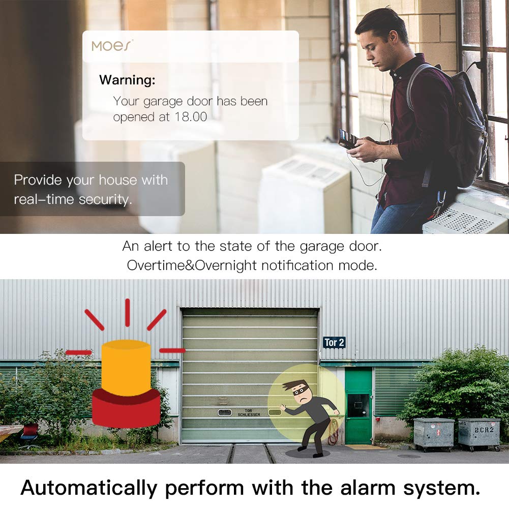 MOES WiFi Smart Garage Door Opener Controller,Smart Life/Tuya APP Remote Monitor Your Garage Door Anywhere Anytime,Compatible with Alexa Google Home No hub Required.