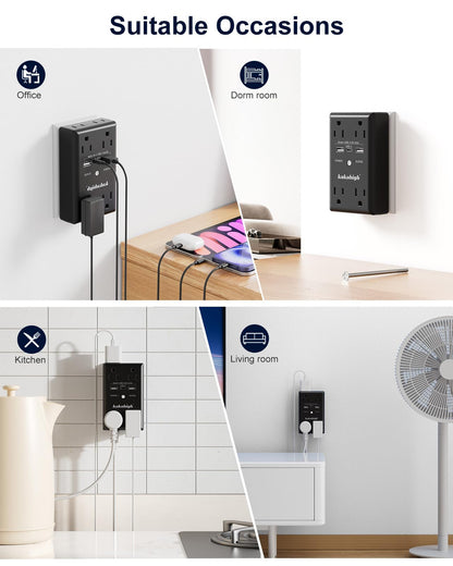 Black Wall Power Strip, 8 Way Outlets with 1680J Surge Protected, Multi Plug Wall Outlet with USB Ports, LED Indicator, 1875W Wall Mounted Surge Protectors for Dorm Room Office Kitchen