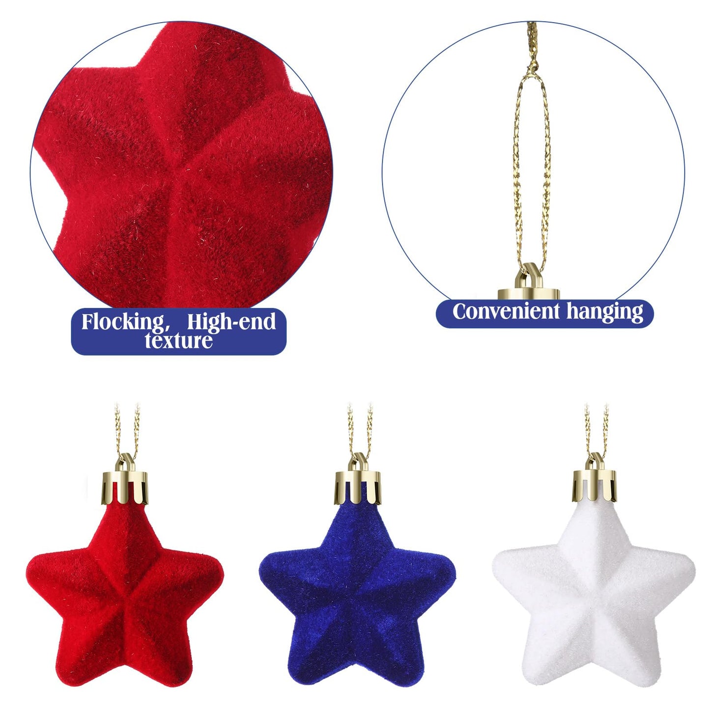 PullCrease 24 Pcs 4th of July Tree Decorations 1.97 Inch Red White Blue Star Ornaments Patriotic Hanging Star Shaped Ornaments for Independence Day 250th Anniversary Holiday Party Supplies