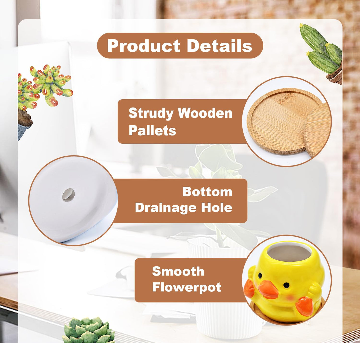6 Pack Ceramic Succulent Pots with Drainage – Small Animal Planters with Bamboo Trays for Cactus & Indoor Plants, Mini Flower Pots for Desk, Home Decor, Office, Garden, Gift for Plant Lovers