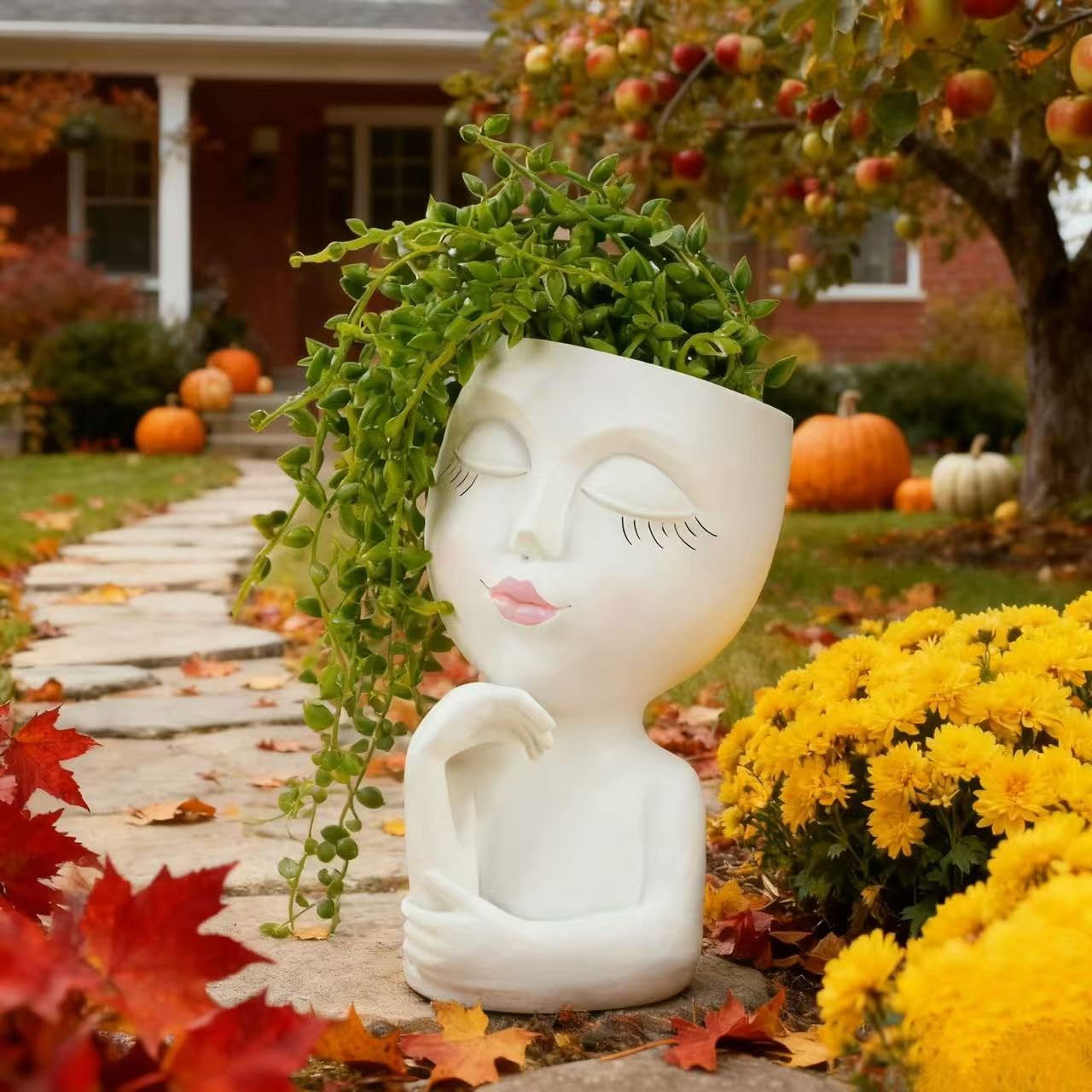 EMINGSKY Cute Lady Face Planter Pot - 1PC Sleeping Beauty Resin Succulent Pot with Drainage Holes, Indoor Outdoor Head Planter for Coffee Table/Garden Balcony Decor (White)