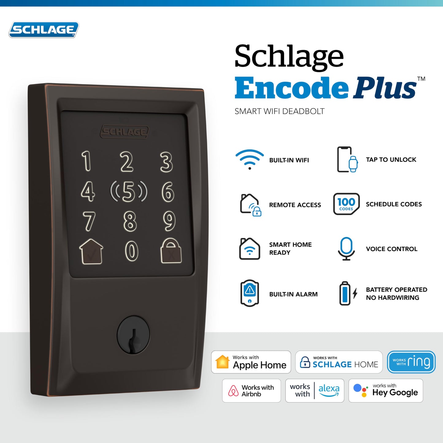 Schlage BE499WB CAM 619 Encode Plus WiFi Deadbolt Smart Lock, Keyless Entry Touchscreen Door Lock with Camelot Trim, Satin Nickel