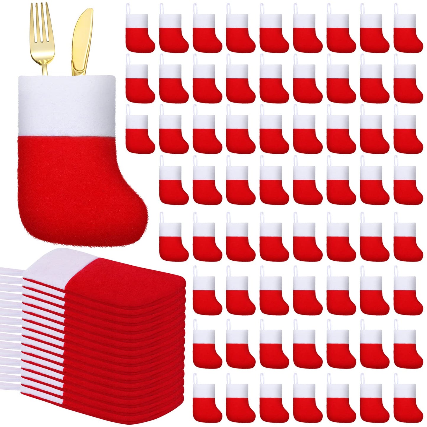 Leitee 50 Pcs Christmas Mini Red Stockings Felt Fabric Christmas Stockings Gift Card Tree Holder Small Socks Decoration Plain Holiday Stockings for Xmas Party Gifts Ornaments