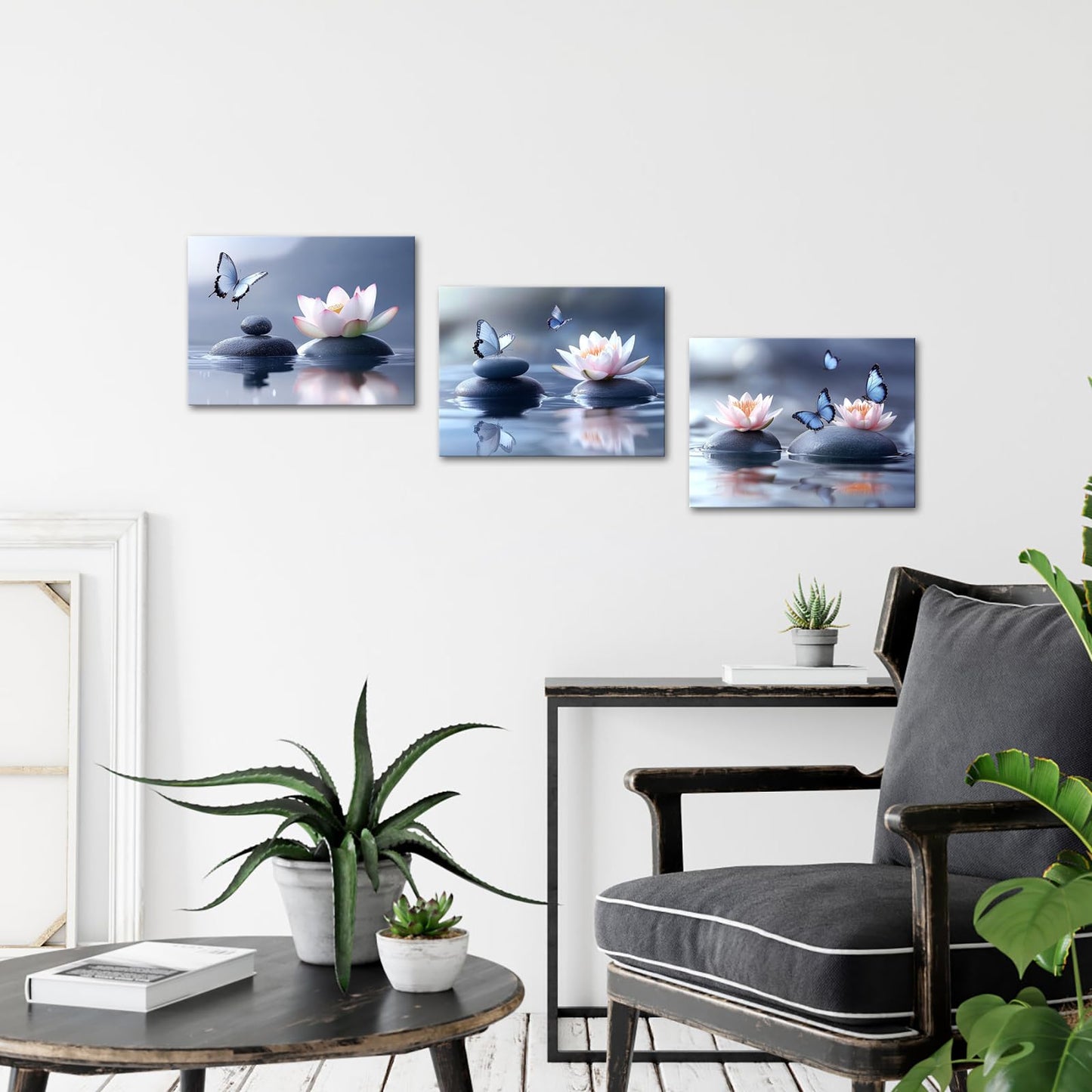 iKNOW FOTO Zen Lotus Flower Canvas Wall Art - 3pcs Calming Spa Decor with Stones and Butterfly - Water Lily Modern Artwork for Bathroom, Yoga Studio, Meditation, or Living Room - 12x16 Each