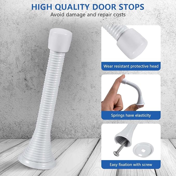 KISEER 12 Pack Spring Door Stops 3 1/4 Inch Flexible Heavy Duty Spring Door Stopper with RustProof Screw Rubber Bumper Tips (White)