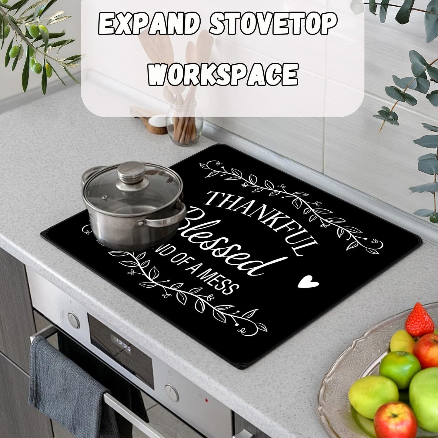 Funny Stove Top Cover for Electric Stove, Black Range Covers, Thanksgiving Range Top Mats, Thankful Blessed Cooktop Cover 28x20 inch, Glass Cooktop Covers for Kitchen Holiday Home Decor