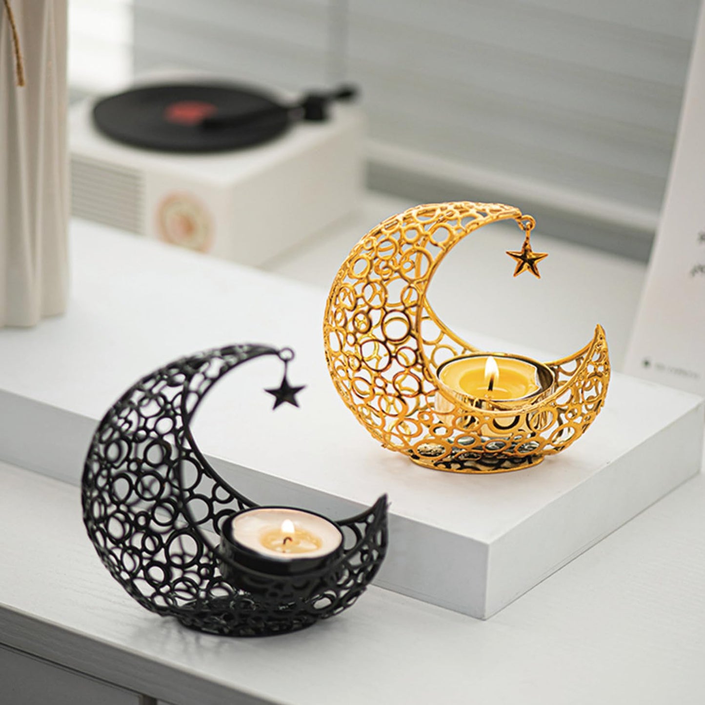 COMZPLIFE Moon Tea Light Candle Holder, Black Metal Decorative Candle Stand for Home Decor, Gift (2Pcs)