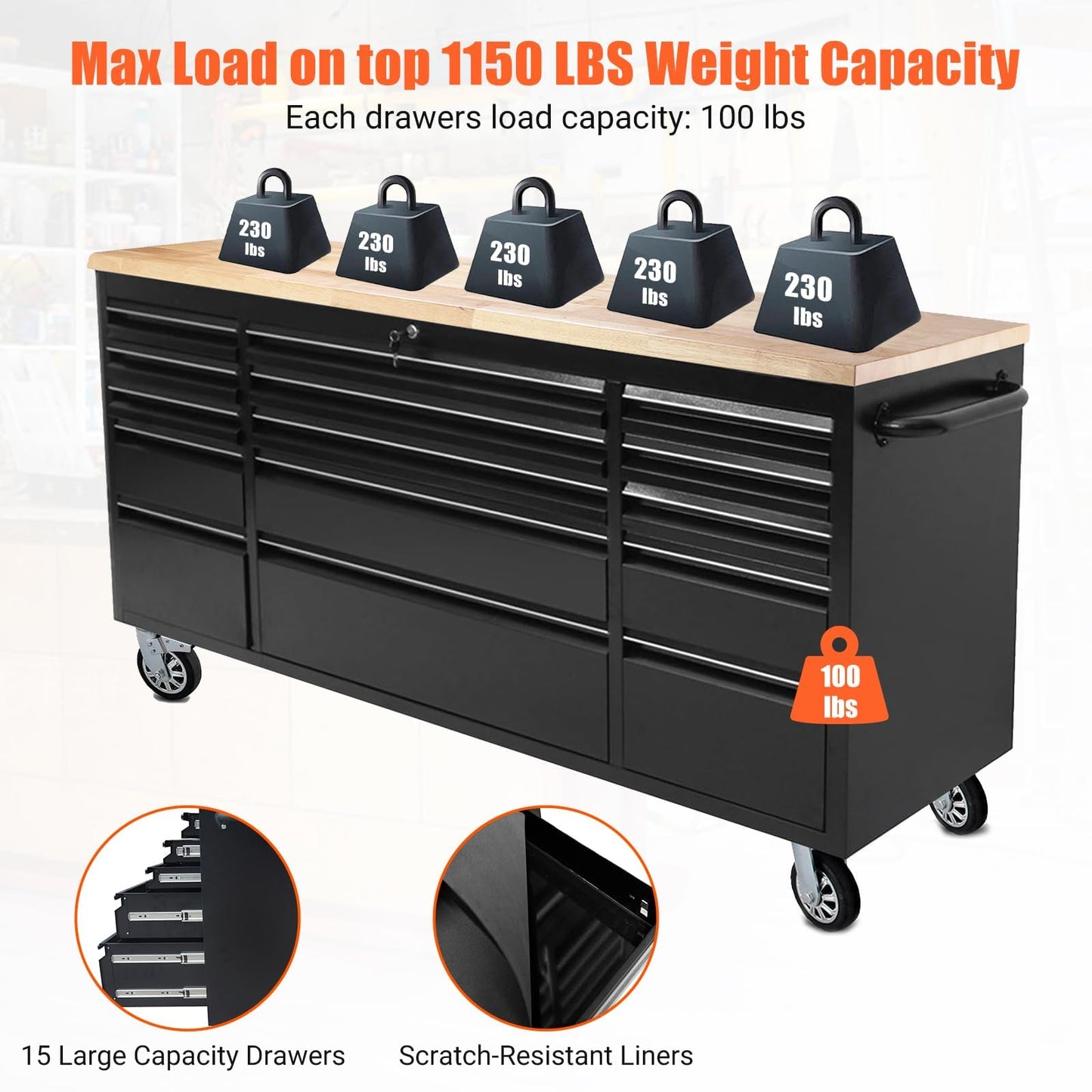 GarveeTech 72 Inch Heavy-Duty Rolling Tool Chest & Mobile Workbench with 15 Drawers, Rubber Wood Tabletop, Locking System, Drawer Liners and Wheels, Steel Storage Cabinet for Garage, Workshop, Black